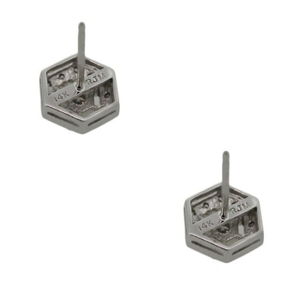 White Gold Round Brilliant Diamond Hexagonal Shaped Stud Earrings - Picture 6 of 7